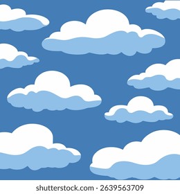Illustration of white clouds against a blue sky.