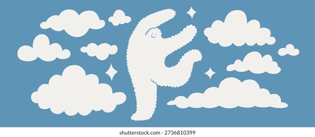 Illustration of white clouds on light blue background. Human, man character dancing, cloud shape mascot. Cloud dancer and blue colors, clouds around.  Print for kids, banner design. Cloud template