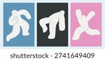 Illustration of white clouds on pink, blue, black background. Human or yeti bigfoot dancing character, shape cloud mascot poster set. Cloud dancer and blue colors. Print for kids, banner design. Cloud