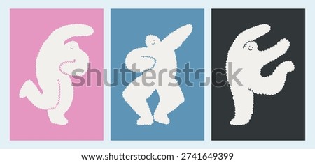 Illustration of white clouds on pink, blue, black background. Human or yeti bigfoot dancing character, cloud shape mascot poster set. Cloud dancer and blue colors. Print for kids, banner design. Cloud