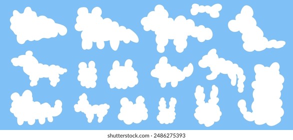 Ilustración de nubes blancas en forma de animales sobre fondo azul claro