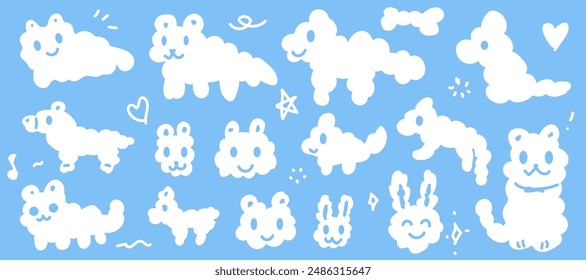 Illustration of white clouds in the shape of animals on light blue background. cat and dog and rabbit for kids