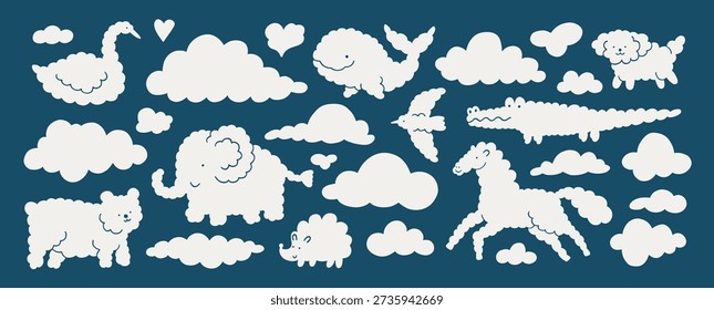 Illustration of white clouds in the shape of animals on blue background. Cloud dancer and blue colors. Different cloudy animal set. Print for kids, banner design. Elephant, horse, swan cute vector.