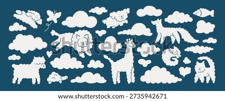 Illustration of white clouds in the shape of animals on blue background. Cloud dancer and blue colors. Different cloudy animal set. Print for kids, banner design. Lion, giraffe, fox, cat, cute vector.
