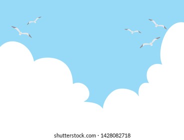 illustration of white clouds, the sky and seagulls flying.