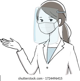 Illustration of a white coat woman wearing a face shield.