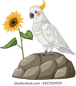 Illustration of a white cockatoo beside a sunflower.