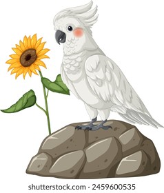 Illustration of a white cockatoo beside a sunflower.