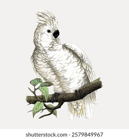 Illustration of a white cockatoo perched on a branch. The cockatoo has a detailed crest and feathers. The branch features green leaves. Cockatoo art print. Vintage bird illustration vector.