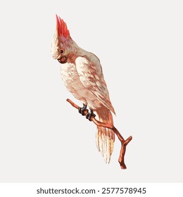 Illustration of a white cockatoo with a pink crest perched on a branch. The cockatoo's feathers are detailed, and the pink crest adds a vibrant touch. Vintage illustration isolated on white, vector.