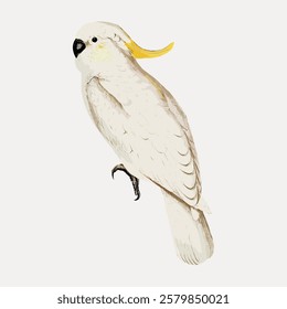 Illustration of a white cockatoo with a yellow crest. The cockatoo is perched, showcasing its detailed feathers. The cockatoo's elegant stance is prominent. Vintage bird illustration vector.