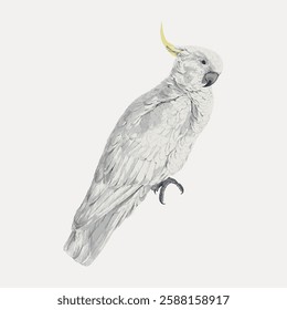 Illustration of a white cockatoo with a yellow crest. The cockatoo is perched, showcasing its white feathers. Detailed cockatoo drawing on a plain background. Vintage bird illustration vector.