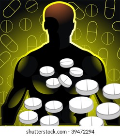 Illustration of white coloured tablets with recovery tablet and man	