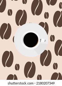 illustration of white cup on coffee beans. aerial view