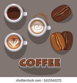 Illustration of white cups of coffee with coffee beans