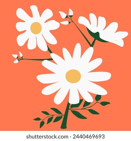 ilustración de margarita blanca con tallo sobre un fondo naranja