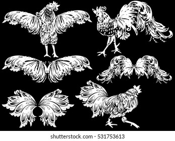 illustration with white decorated roosters and wings isolated on black background