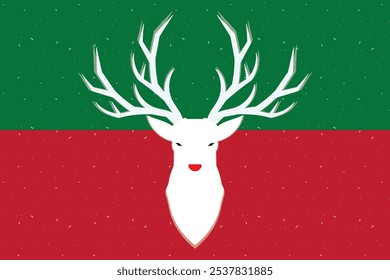 Illustration White deer with snow fall on red and green background.