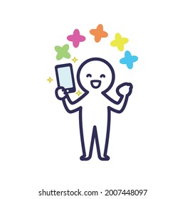 Es una ilustración de un ser humano blanco deformado sosteniendo un nuevo smartphone en su mano derecha y mostrando una sonrisa.