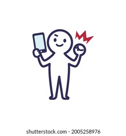 It is an illustration of a white deformed human holding a smartphone in his right hand and doing a guts pose with his left hand.