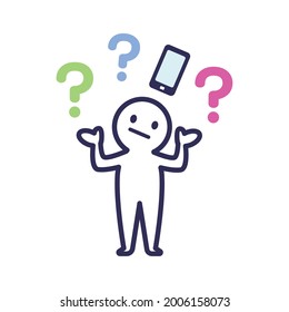 It is an illustration of a white deformed human with a question mark and a smartphone in his head.