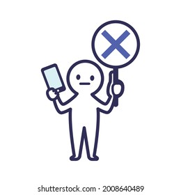 It is an illustration of a white deformed human with a smartphone in his right hand and a cross tag in his left hand.