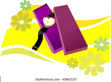 Illustration of white dial wrist watch with box	
