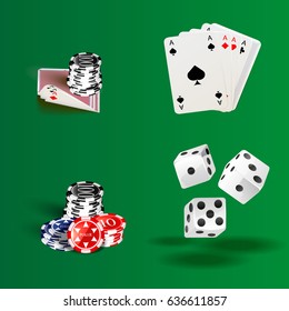 Illustration of white dice, cards and chips. Vector
