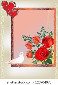 illustration with white dove, flowers and red hearts
