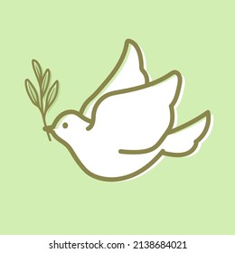 Illustration of a white dove holding an olive branch, it is a symbol of peace.