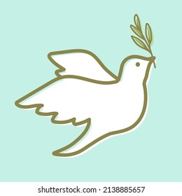 Illustration of a white dove holding an olive branch, it is a symbol of peace.