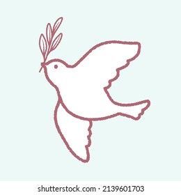 Illustration of a white dove holding an olive branch, it is a symbol of peace.