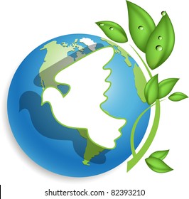 Illustration, white dove on background of the blue globe