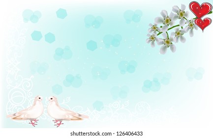 illustration with white doves, flowers and red hearts