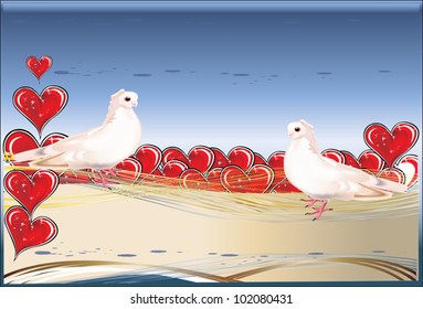 illustration with white doves and red hearts