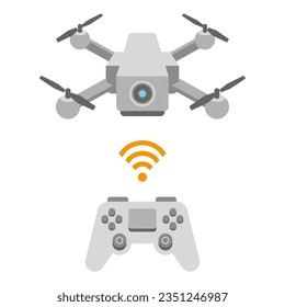 It is an illustration of a white drone, remote control, controller, and camera.