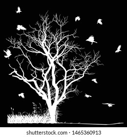 illustration with white dry large tree and crows silhouettes isolated on black background