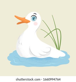 Illustration of a White Duck with Lovely Round Eyes Swimming in a Pond with Grass