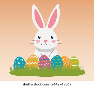 Illustration with a white Easter bunny sitting in green grass with painted eggs. Happy Easter vector background for greeting card, poster, banner.