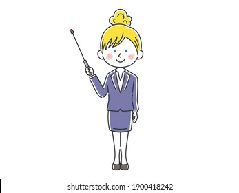 An illustration of a white female instructor explaining using a pointer.