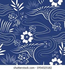 Illustration of white floral pattern on vibrant blue background. pattern and colour concept digitally generated image.