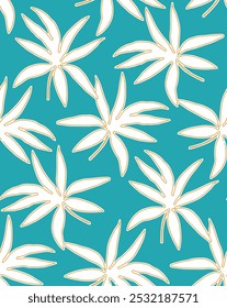 Illustration white flowers arranged on a turquoise background. Seamless floral background.