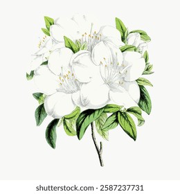 Illustration of white flowers with green leaves. Detailed white petals and green leaves. Elegant floral design with white flowers and lush green leaves. Vintage art illustration, vector.