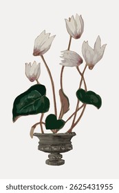 Illustration of white flowers with green leaves in an ornate vase. The flowers are delicate and the vase is intricately designed, creating an elegant floral display. Vintage art illustration vector.