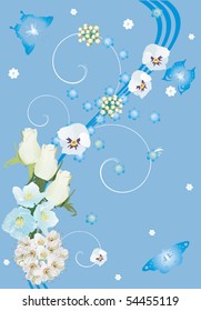 illustration with white flowers on decorated blue background