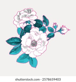 Illustration of white flowers with teal leaves. Floral design with detailed petals. Elegant white flowers, vibrant teal leaves, artistic floral composition. Vintage flower illustration, vector.