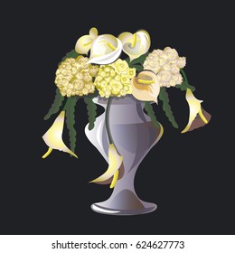 illustration with white flowers in vase on dark background