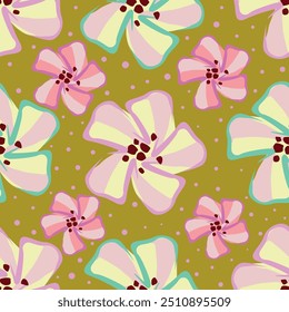 Illustration of white flowers with a yellow outline arranged on a beige background. Seamless pattern textile design