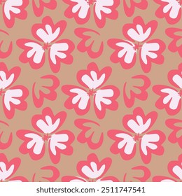 Illustration of white flowers with a yellow outline arranged on a beige background. Seamless pattern textile design