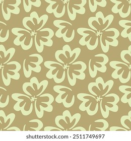 Illustration of white flowers with a yellow outline arranged on a beige background. Seamless pattern textile design